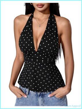 Polka Dot Halter Tank Top Y2K Sleeveless Peplum Backless Ruffle Hem Going Out